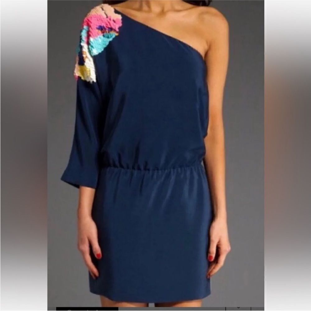Tibi One-Shoulder Navy Dress with Colorful Embellishments, US0